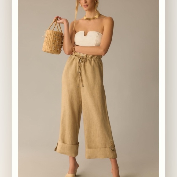 Anthropologie Pants - Anthropologie Natalia Linen Wide Leg Pants Women’s L High Waist Crop Boho Tan